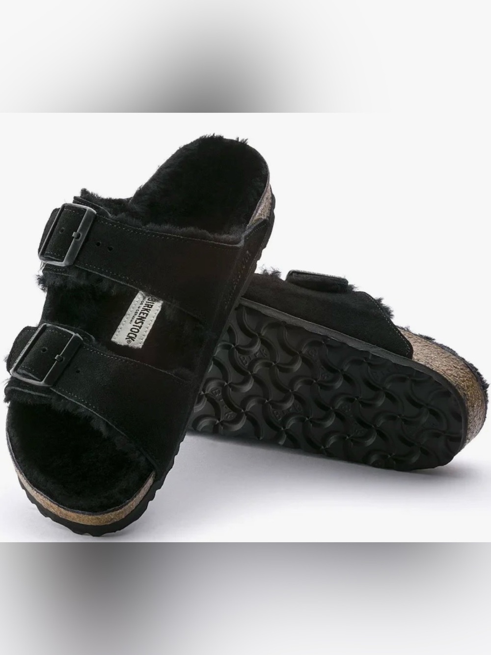 Birkenstock Arizona Shearling Black Double Buckle Slide Sandals 38/7-7.5 M